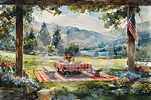 Rustic picnic area with American flag overlooking a mountain lake, great for travel and holiday themes.