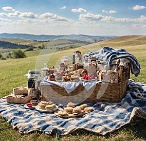 A rustic picnic,with a checkered blanket spread out on the grass, a basket overflowing with homemade, blue skies.