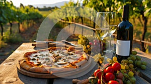 A rustic picnic with pizza and wine in a sun-drenched vineyard