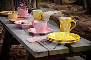 rustic picnic table with polka dot plates, pink napkins, and yellow cups photo