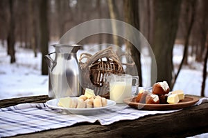 rustic picnic table setting with eggnog pitcher
