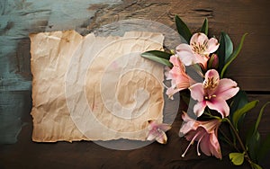 A rustic piece of aged parchment paper is gracefully framed by pink alstroemeria flowers, creating a vintage and