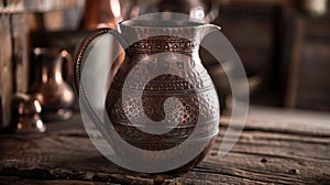 A rustic pitcher adorned with intricate etchings ideal for pouring and serving refreshing drinks.