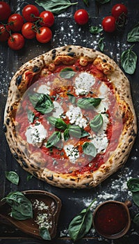 Rustic pizza on black background with tomato, cheese, italian food concept, space for text