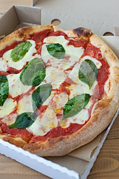 Rustic pizza with salami, mozzarella, olives and basil top view with copy space