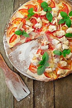 Rustic pizza topped with fresh basil leaves