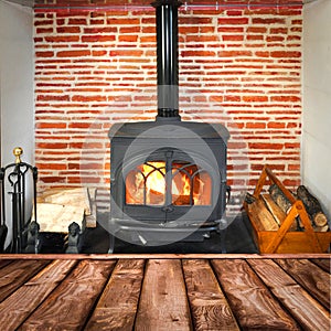 Rustic planks, wood burning stove