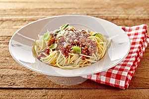 Rustic plate of tasty spaghetti Bolognaise