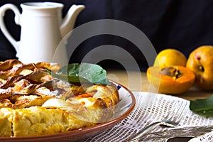 Rustic plum tart pie galette with powdered sugar