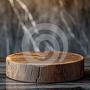 Rustic podium against a wooden backdrop, exuding warmth and natural charm.