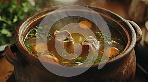 Rustic Pot of Bone Broth with Vegetables and Herbs