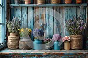 Rustic pots with blooming plants by window