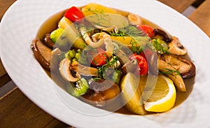 Rustic pottage with mushrooms and vegetables