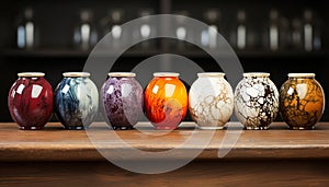 Rustic pottery collection decorates old fashioned kitchen shelf with earthenware jug generated by AI