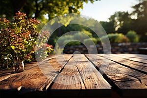 Rustic presentation space Empty wooden table offers park setting for product montages