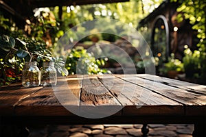 Rustic presentation space Empty wooden table offers park setting for product montages