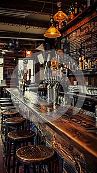 Rustic pub interior displaying an assortment of beer taps with ambient pendant lighting over a polished wooden counter.