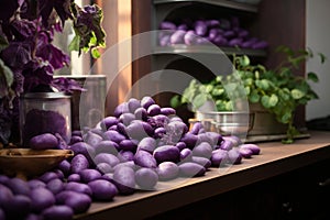 Rustic Purple sweet potatoes on wooden table. Generate Ai