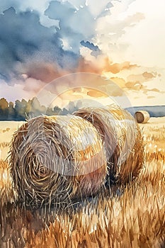 Rustic Radiance: A Serene Sunset Scene of Enormous Hay Bales in