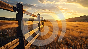 Rustic ranch fence at sunset. Copy Space