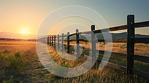 Rustic ranch fence at sunset. Copy Space