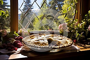 rustic raspberry pie on windowsill with golden hues and flaky crust, morning sun, outside the city