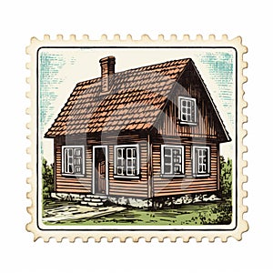 Rustic Realism: Meticulously Detailed House Illustration On A Post Stamp