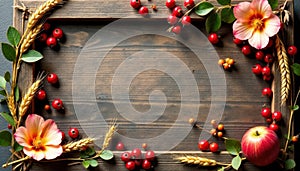 Rustic rectangle frame of dried flowers, berries, wheat , seasonal, fall decoration