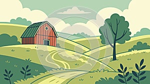 Rustic Red Barn in Rolling Green Fields, Countryside Charm, vector design Generative AI