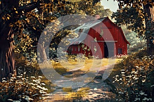 A rustic red barn surrounded by tall trees and lush greenery