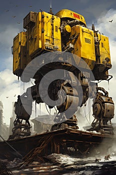 Rustic Remnants: The Urban Guardian - A Massive Yellow Robot on photo