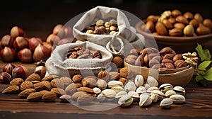 Rustic Richness. Almonds, Hazelnuts, and Walnuts on Wood. Generative AI