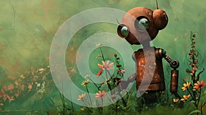 A rustic robot stands amidst blooming flowers, showcasing a contrast between technology and nature on a green textured background