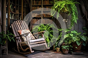 a rustic rocking chair on a patio with hanging plants and a book on the seat