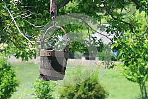 Rustic Romanian wooden well bucket- Valcea region