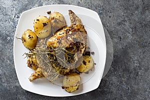 Rustic rosemary golden roast chicken and potatoes