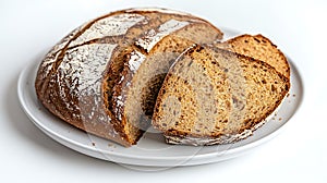 Rustic Round Loaf of Bread Sliced on a White Plate