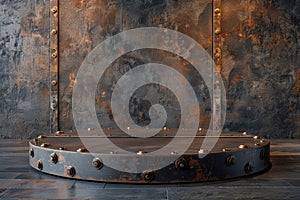 Rustic round metal platform with rivets against a textured metal background.  Industrial, grunge, and vintage aesthetic photo