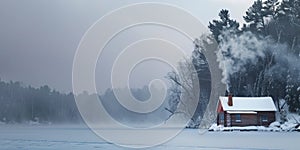 Rustic rural cabin beside a frozen lake, with smoke from the chimney blending into the snowy landscape, epitomizing winter