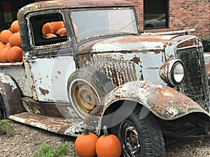 Rustic Rusty Peeling Paint Old Vintage Pickup Truck for Fall Pumpkin Display