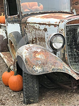 Rustic Rusty Peeling Paint Old Vintage Pickup Truck for Fall Pumpkin Display