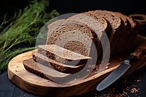 Rustic Rye bread slice on wooden board natural. Generate Ai