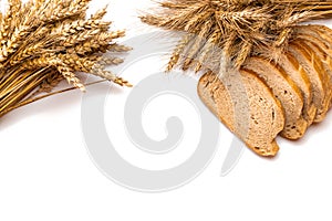 Rustic rye. Fresh loaf of rustic traditional bread with wheat grain ear or spike plant isolated on white background