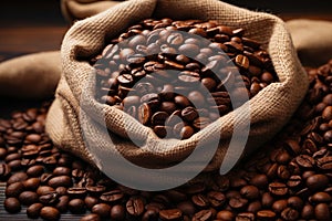 Rustic sack with coffee beans. AI Generated