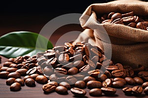 Rustic sack with coffee beans. AI Generated
