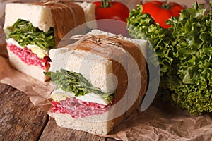 Rustic sandwiches with salami, egg and greens wrapped in paper