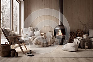 Rustic Scandinavian bedroom furniture cozy. Generate AI