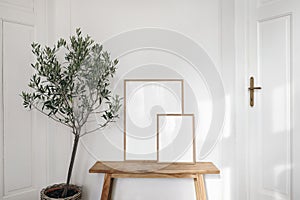 Rustic Scandinavian interior, Living room, hall in old house with wooden bench. Two picture frame mockups in sunlight