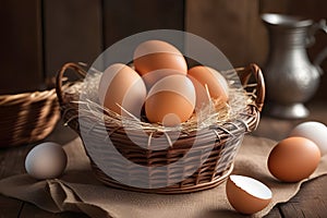 A Rustic Scene with a Wicker Basket Full of Fresh Brown Eggs on a Wooden Table