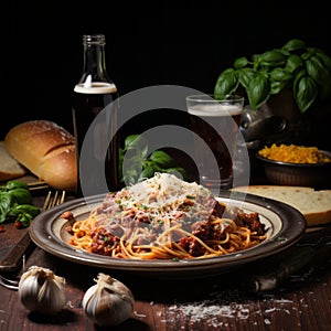Rustic Scenes: Dark Red Spaghetti And Beer In Cinquecento Style